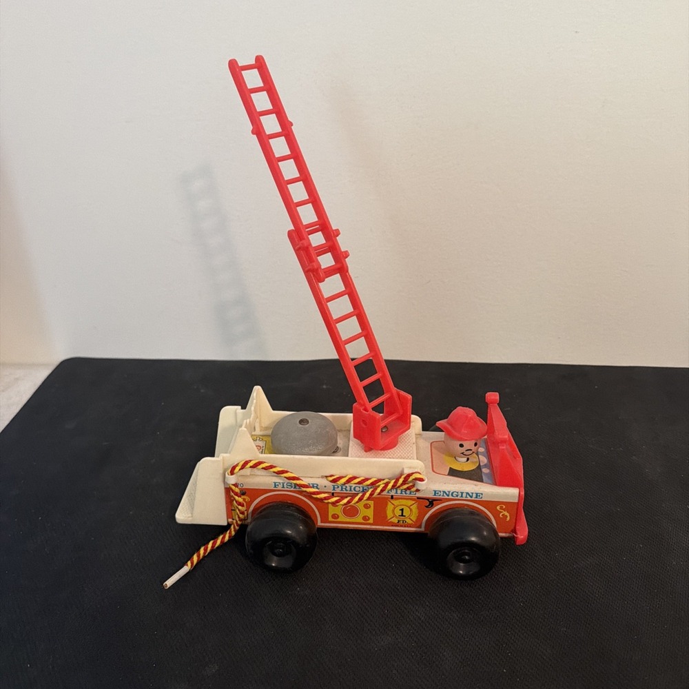 Vintage Fisher-Price Fire Engine Toy With Ladder & Rope Accessory